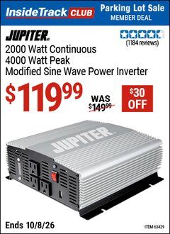 Harbor Freight ITC Coupon JUPITER 2000 WATT CONTINUOUS/4000 WATT PEAK MODIFIED SINE WAVE POWER INVERTER Lot No. 63429/57333 Expired: 10/8/26 - $119.99