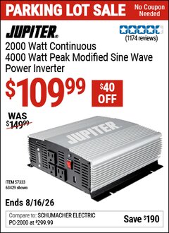 Harbor Freight Coupon JUPITER 2000 WATT CONTINUOUS/4000 WATT PEAK MODIFIED SINE WAVE POWER INVERTER Lot No. 63429/57333 Expired: 8/16/26 - $109.99