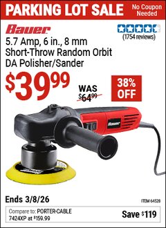 Harbor Freight Coupon BAUER 5.7 AMP, 6 IN., 8 MM SHORT-THROW RANDOM ORBIT DA POLISHER/SANDER Lot No. 64528 Expired: 3/8/26 - $39.99