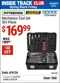 Harbor Freight ITC Coupon PITTSBURGH MECHANICS TOOL SET, 301-PIECE Lot No. 63464 Expired: 4/9/26 - $169.99