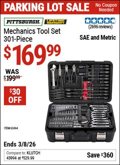 Harbor Freight Coupon PITTSBURGH MECHANICS TOOL SET, 301-PIECE Lot No. 63464 Expired: 3/8/26 - $169.99