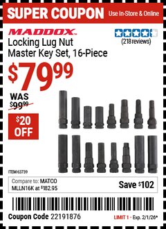 Harbor Freight Coupon MADDOX LOCKING LUG NUT MASTER KEY SET, 16-PIECE Lot No. 63739 Valid Thru: 2/1/26 - $79.99