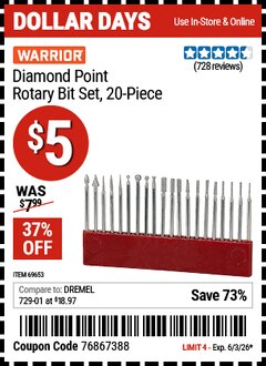 Harbor Freight Coupon WARRIOR DIAMOND POINT ROTARY BIT SET, 20-PIECE Lot No. 69653 Valid Thru: 6/3/26 - $5