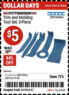 Harbor Freight Coupon PITTSBURGH TRIM AND MOLDING TOOL SET, 5-PIECE Lot No. 64126 Expired: 4/8/26 - $5