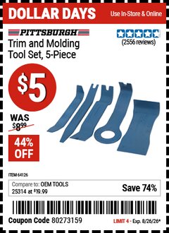 Harbor Freight Coupon PITTSBURGH TRIM AND MOLDING TOOL SET, 5-PIECE Lot No. 64126 Expired: 8/26/26 - $5