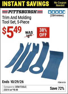 Harbor Freight Coupon PITTSBURGH TRIM AND MOLDING TOOL SET, 5-PIECE Lot No. 64126 EXPIRES: 10/29/26 - $5.49