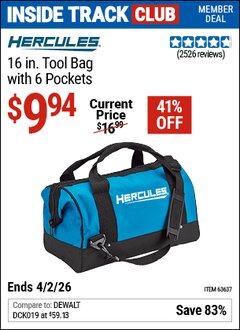Harbor Freight Coupon HERCULES 16 IN. TOOL BAG WITH 6 POCKETS Lot No. 63637 Valid: 12/31/69 - 4/2/26 - $9.94