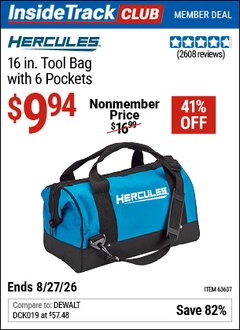 Harbor Freight ITC Coupon HERCULES 16 IN. TOOL BAG WITH 6 POCKETS Lot No. 63637 Expired: 8/27/26 - $9.94