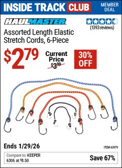 Harbor Freight ITC Coupon HAUL-MASTER ASSORTED LENGTH ELASTIC STRETCH CORDS, 6-PIECE Lot No. 63979 Valid Thru: 1/29/26 - $2.79