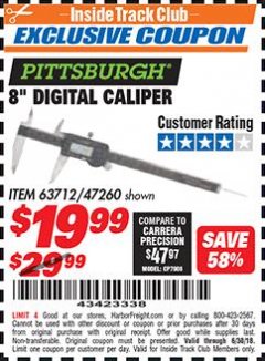 Harbor Freight ITC Coupon 8" DIGITAL CALIPER Lot No. 47260 Expired: 6/30/18 - $19.99