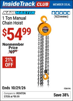 Harbor Freight ITC Coupon HAUL-MASTER 1 TON MANUAL CHAIN HOIST Lot No. 996 Dates Valid: 12/31/69 - 10/29/26 - $54.99