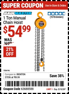 Harbor Freight Coupon HAUL-MASTER 1 TON MANUAL CHAIN HOIST Lot No. 996 Valid Thru: 5/10/26 - $54.99