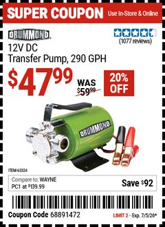 Harbor Freight Coupon DRUMMOND 12V DC TRANSFER PUMP, 290 GPH Lot No. 63324 Expired: 7/5/26 - $47.99