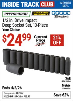 Harbor Freight Coupon PITTSBURGH 1/2 IN. DRIVE IMPACT DEEP SOCKET SET, 13-PIECE Lot No. 61902/61903 Valid: 12/31/69 - 4/2/26 - $24.99