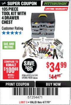 Harbor Freight Coupon 105 PIECE TOOL KIT WITH 4-DRAWER CHEST Lot No. 69323/69380/61591 Expired: 4/7/19 - $34.99