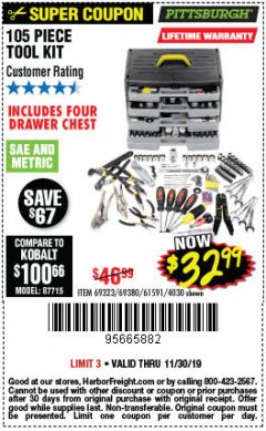 Harbor Freight Coupon 105 PIECE TOOL KIT WITH 4-DRAWER CHEST Lot No. 69323/69380/61591 Expired: 11/30/19 - $32.99