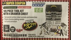 Harbor Freight Coupon 105 PIECE TOOL KIT WITH 4-DRAWER CHEST Lot No. 69323/69380/61591 Expired: 11/30/19 - $32.99
