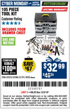 Harbor Freight Coupon 105 PIECE TOOL KIT WITH 4-DRAWER CHEST Lot No. 69323/69380/61591 Expired: 12/2/19 - $32.99