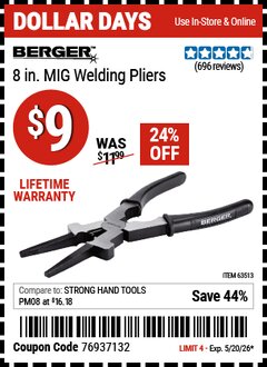 Harbor Freight Coupon BERGER 8 IN. MIG WELDING PLIERS Lot No. 63513 Valid Thru: 5/20/26 - $9