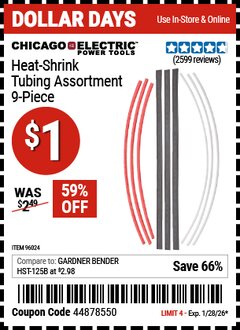 Harbor Freight Coupon CHICAGO ELECTRIC HEAT-SHRINK TUBING ASSORTMENT, 9-PIECE Lot No. 96024 Valid Thru: 1/28/26 - $1