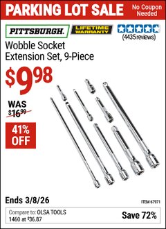Harbor Freight Coupon PITTSBURGH WOBBLE SOCKET EXTENSION SET, 9-PIECE Lot No. 67971 Expired: 3/8/26 - $9.98