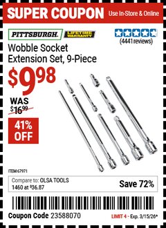 Harbor Freight Coupon PITTSBURGH WOBBLE SOCKET EXTENSION SET, 9-PIECE Lot No. 67971 Valid Thru: 3/15/26 - $9.98