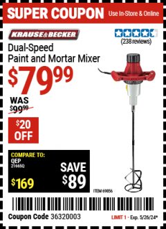 Harbor Freight Coupon DUAL SPEED PAINT AND MORTAR MIXER Lot No. 65758/69856 Expired: 5/26/24 - $79.99