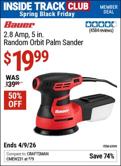 Harbor Freight ITC Coupon BAUER 2.8 AMP, 5 IN. RANDOM ORBIT PALM SANDER Lot No. 63999 Expired: 4/9/26 - $19.99