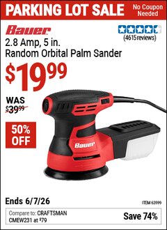 Harbor Freight Coupon BAUER 2.8 AMP, 5 IN. RANDOM ORBIT PALM SANDER Lot No. 63999 Valid Thru: 6/7/26 - $19.99