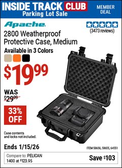 Harbor Freight ITC Coupon APACHE 2800 WEATHERPROOF PROTECTIVE CASE, MEDIUM Lot No. 58655/58656/64551 Dates Valid: 12/31/69 - 1/15/26 - $19.99