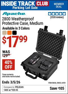 Harbor Freight ITC Coupon APACHE 2800 WEATHERPROOF PROTECTIVE CASE, MEDIUM Lot No. 58655/64551/58656 Expired: 3/5/26 - $17.99