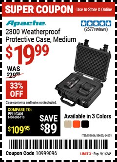 Harbor Freight Coupon APACHE 2800 WEATHERPROOF PROTECTIVE CASE, MEDIUM Lot No. 58655/64551/58656 Expired: 9/1/24 - $19.99