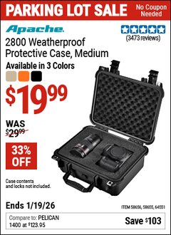Harbor Freight Coupon APACHE 2800 WEATHERPROOF PROTECTIVE CASE, MEDIUM Lot No. 58655/64551/58656 Expired: 12/31/69 - $19.99