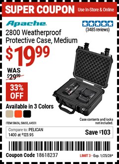Harbor Freight Coupon APACHE 2800 WEATHERPROOF PROTECTIVE CASE, MEDIUM Lot No. 58655/64551/58656 Expired: 1/25/26 - $19.99