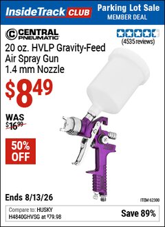 Harbor Freight ITC Coupon CENTRAL PNEUMATIC 20 OZ. HVLP GRAVITY-FEED AIR SPRAY GUN, 1.4 MM NOZZLE Lot No. 68843 Expired: 8/13/26 - $8.49