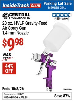 Harbor Freight ITC Coupon CENTRAL PNEUMATIC 20 OZ. HVLP GRAVITY-FEED AIR SPRAY GUN, 1.4 MM NOZZLE Lot No. 68843 Expired: 10/8/26 - $9.98