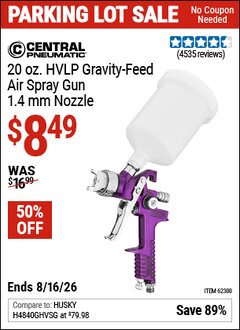 Harbor Freight Coupon CENTRAL PNEUMATIC 20 OZ. HVLP GRAVITY-FEED AIR SPRAY GUN, 1.4 MM NOZZLE Lot No. 68843 Expired: 8/16/26 - $8.49