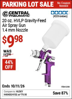 Harbor Freight Coupon CENTRAL PNEUMATIC 20 OZ. HVLP GRAVITY-FEED AIR SPRAY GUN, 1.4 MM NOZZLE Lot No. 68843 Expired: 10/11/26 - $9.98