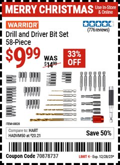 Harbor Freight Coupon WARRIOR DRILL AND DRIVER BIT SET, 58-PIECE Lot No. 68828 Expired: 12/28/25 - $9.99