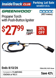 Harbor Freight ITC Coupon GREENWOOD PROPANE TORCH WITH PUSH-BUTTON IGNITER Lot No. 91037/61595 Expired: 8/13/26 - $27.99