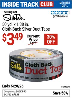 Harbor Freight ITC Coupon STIKTEK 50 YD. X 1.88 IN. CLOTH-BACK SILVER DUCT TAPE Lot No. 63242 Valid Thru: 5/28/26 - $3.49