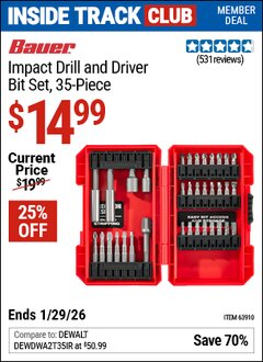 Harbor Freight ITC Coupon BAUER IMPACT DRILL AND DRIVER BIT SET, 35-PIECE Lot No. 63910 Dates Valid: 12/31/69 - 1/29/26 - $14.99
