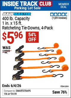 Harbor Freight ITC Coupon HAUL-MASTER 400 LB. CAPACITY, 1 IN. X 15 FT. RATCHETING TIE-DOWNS, 4-PACK Lot No. 63094 Expired: 6/4/26 - $5.96