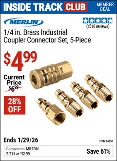 Harbor Freight ITC Coupon MERLIN 1/4 IN. BRASS INDUSTRIAL COUPLER CONNECTOR SET, 5-PIECE Lot No. 63557 Dates Valid: 12/31/69 - 1/29/26 - $4.99