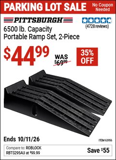 Harbor Freight Coupon PITTSBURGH 6500 LB. CAPACITY PORTABLE RAMP SET, 2-PIECE Lot No. 63956 Valid Thru: 10/11/26 - $44.99