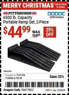 Harbor Freight Coupon PITTSBURGH 6500 LB. CAPACITY PORTABLE RAMP SET, 2-PIECE Lot No. 63956 Expired: 12/28/25 - $44.99