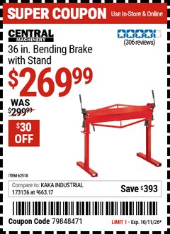 Harbor Freight Coupon CENTRAL MACHINERY 36 IN. BENDING BRAKE WITH STAND Lot No. 62518/91012/62335 Expired: 10/11/26 - $269.99