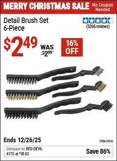 Harbor Freight Coupon DETAIL BRUSH SET, 6-PIECE Lot No. 69526/62616 Expired: 12/26/25 - $2.49