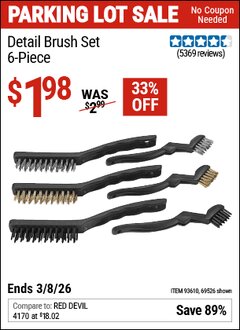 Harbor Freight Coupon DETAIL BRUSH SET, 6-PIECE Lot No. 69526/62616 Expired: 3/8/26 - $1.98