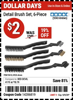 Harbor Freight Coupon DETAIL BRUSH SET, 6-PIECE Lot No. 69526/62616 EXPIRES: 9/9/26 - $2